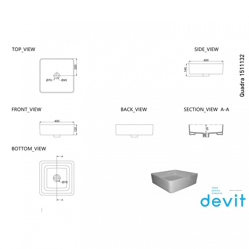 1511132B QUADRA раковина тонкостінна, чорний матовий DEVIT фото 1