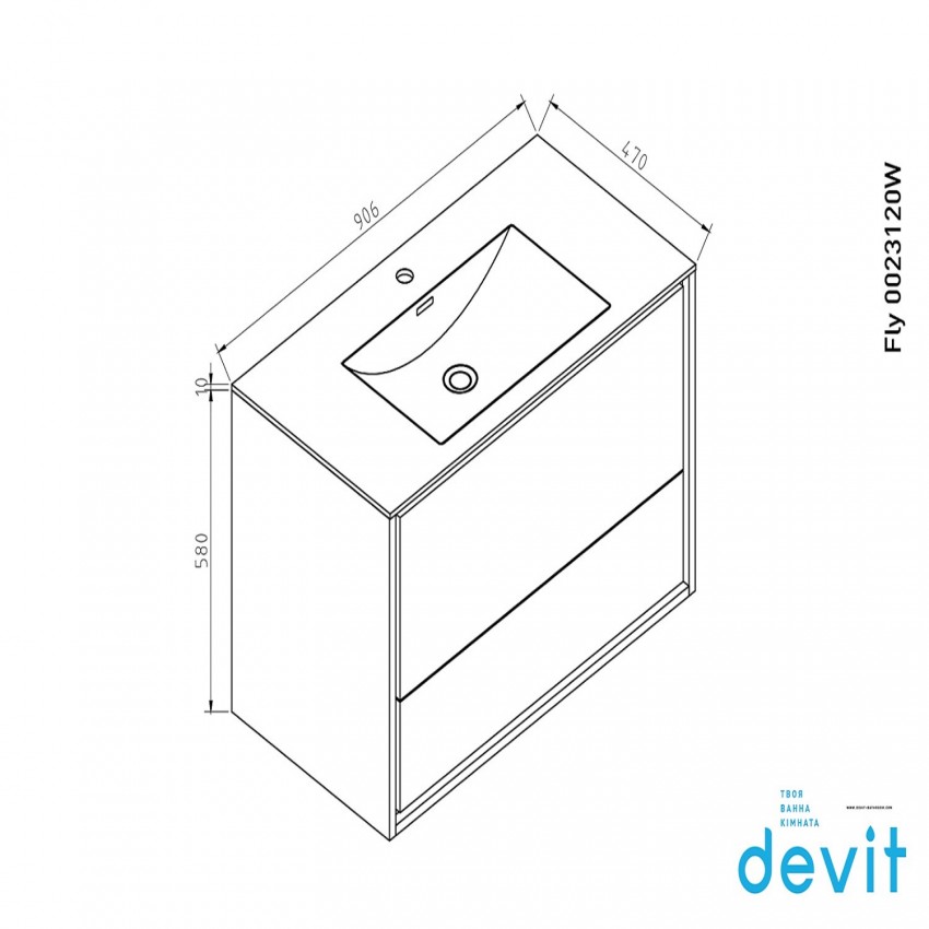 0023120W FLY Тумба 90 з раковиною, білий глянцевий колір (2пак) DEVIT фото 1