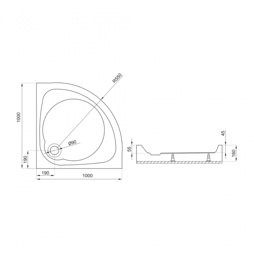 BAS2010 BASIC Душовий піддон, чверть кола 1000x1000 без сифона (1 сорт) PRIMERA фото 2