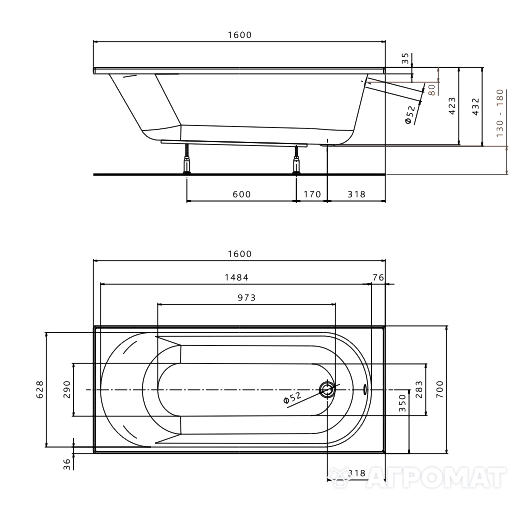 XWP136000N OPAL PLUS Ванна акрилова прямокутна 160х70 см, біла, без ніжок (1 сорт) KOLO фото 1