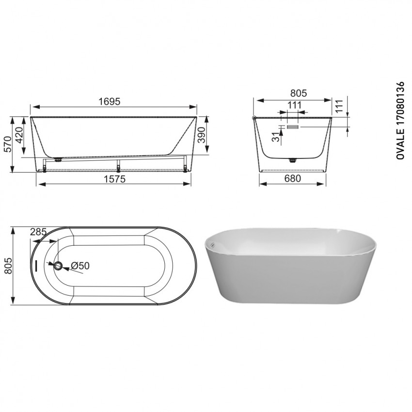 17080136 OVALE  Ванна окремостояча 1695*805*570 (1 сорт) DEVIT фото 1