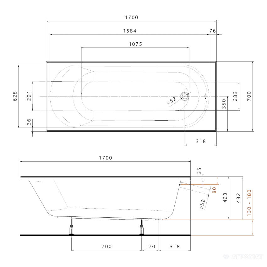 XWP137000N OPAL PLUS Ванна акрилова прямокутна 170х70 см, біла, без ніжок (1 сорт) KOLO фото 1