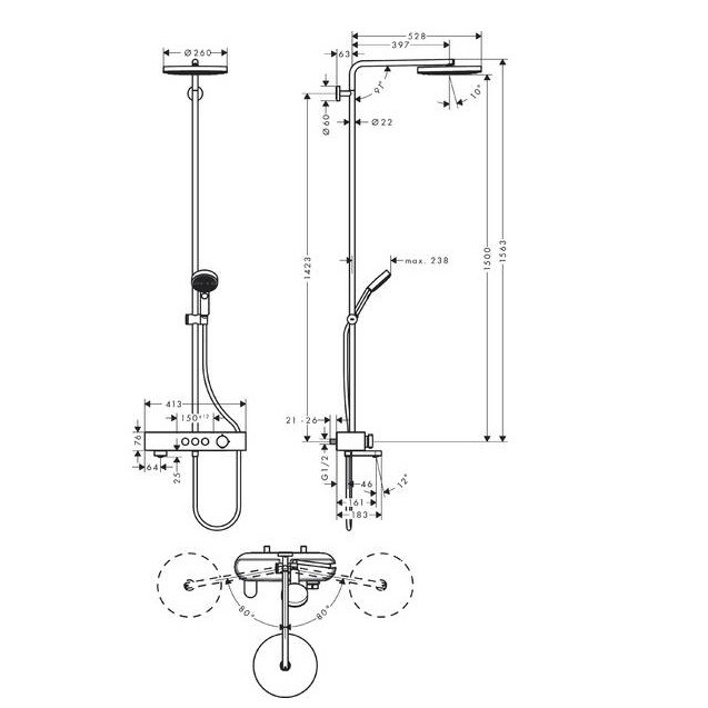 24230000 HG Pulsify Душова система Showerpipe 260 1jet з термостатом для ванни ShowerTablet 400, хром (1 сорт) HANSGROHE фото 1