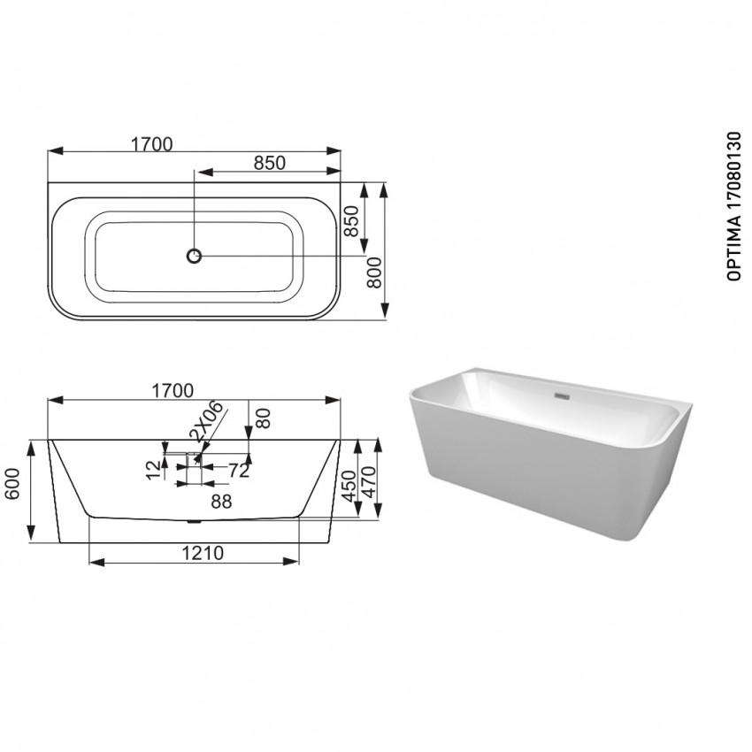 17080130 OPTIMA Ванна окремостояча 1700x800x610 (1 сорт) DEVIT фото 1