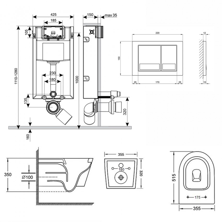 Комплект: Qtap Swan унітаз підвісний QT16335178W + Nest комплект інсталяції 4в1 (квадратна клавіша Satin) QT0133M425 + M06029SAT QTAP фото 1