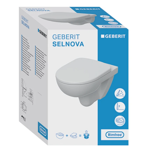 501.751.00.1 Комплект підвісного унітаза Geberit Selnova воронкоподібний, Rimfree, з сидінням з кришкою SoftClose, QuickFix, 53см, Білий (1 сорт) GEBERIT фото 1