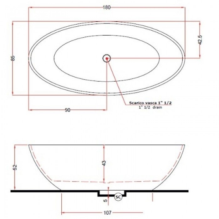 V308BO/V3080XBO800S CAREZZA Ванна зі штучного каменю 180 x 85 x 52h, білий матовий (1 сорт) TREESSE фото 2