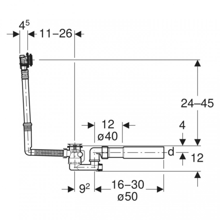150.700.00.6 Злив-перелив для ванни з поворотним механізмом і підводом, d52, довжина 26 см, з фановим відводом d40/50мм (1 сорт) GEBERIT фото 1