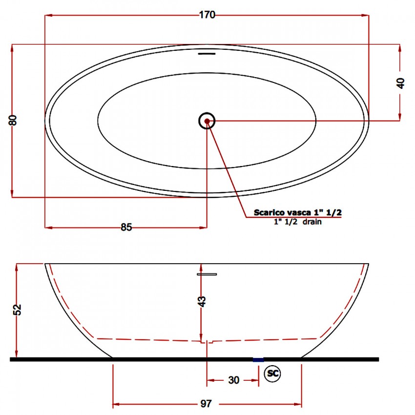 V307BL CAREZZA Ванна зі штучного каменю 170 x 80 x 52h +сифон Crias400S51 NEU, білий (1 сорт) TREESSE фото 4