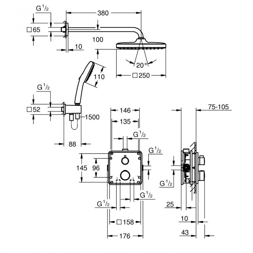 34871000 GRT THM Душова система на 2 виходи,квадратна, 250 (1 сорт) GROHE фото 2