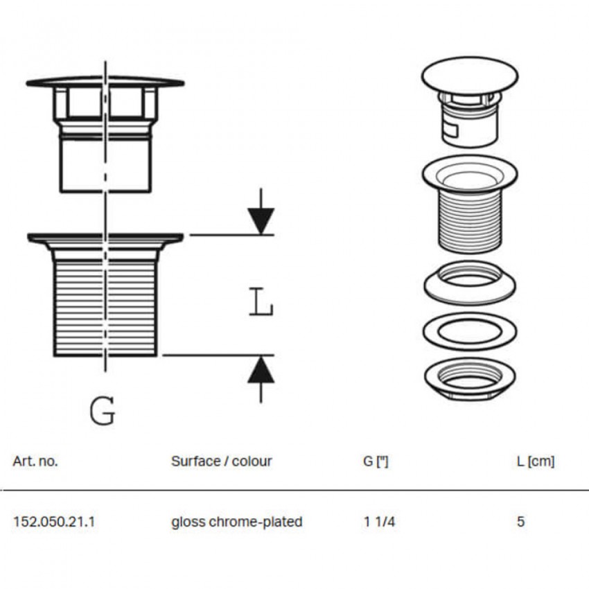 152.050.21.1 Донний клапан до раковини (1 сорт) GEBERIT фото 1