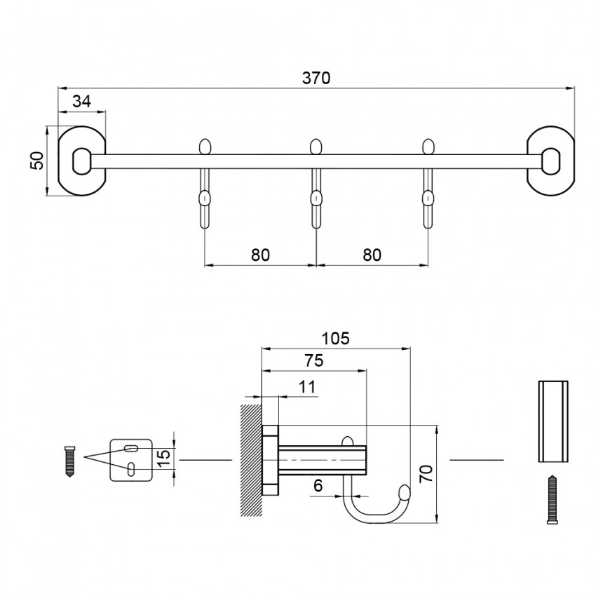 Тримач для рушника Liberty 3 гачка 365 мм QTLIBBLM1154-3 Black Qtap QTAP фото 1