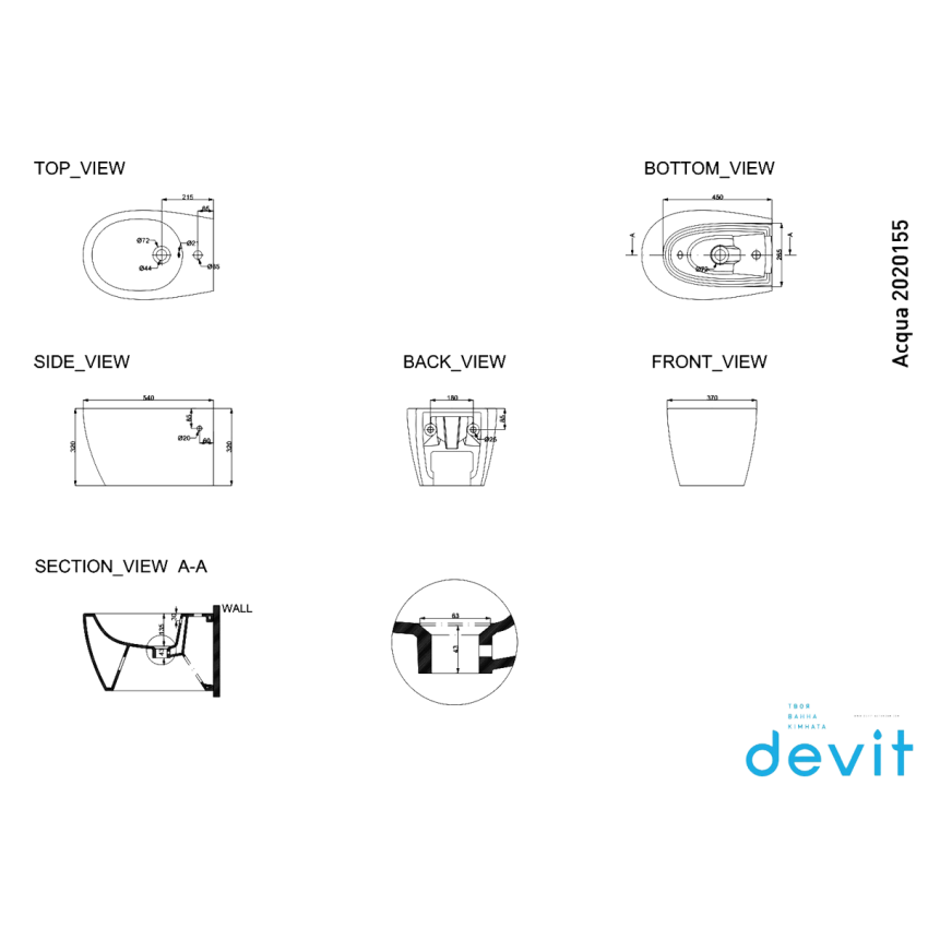 2020155 ACQUA Біде підвісне + кріплення (1 сорт) DEVIT