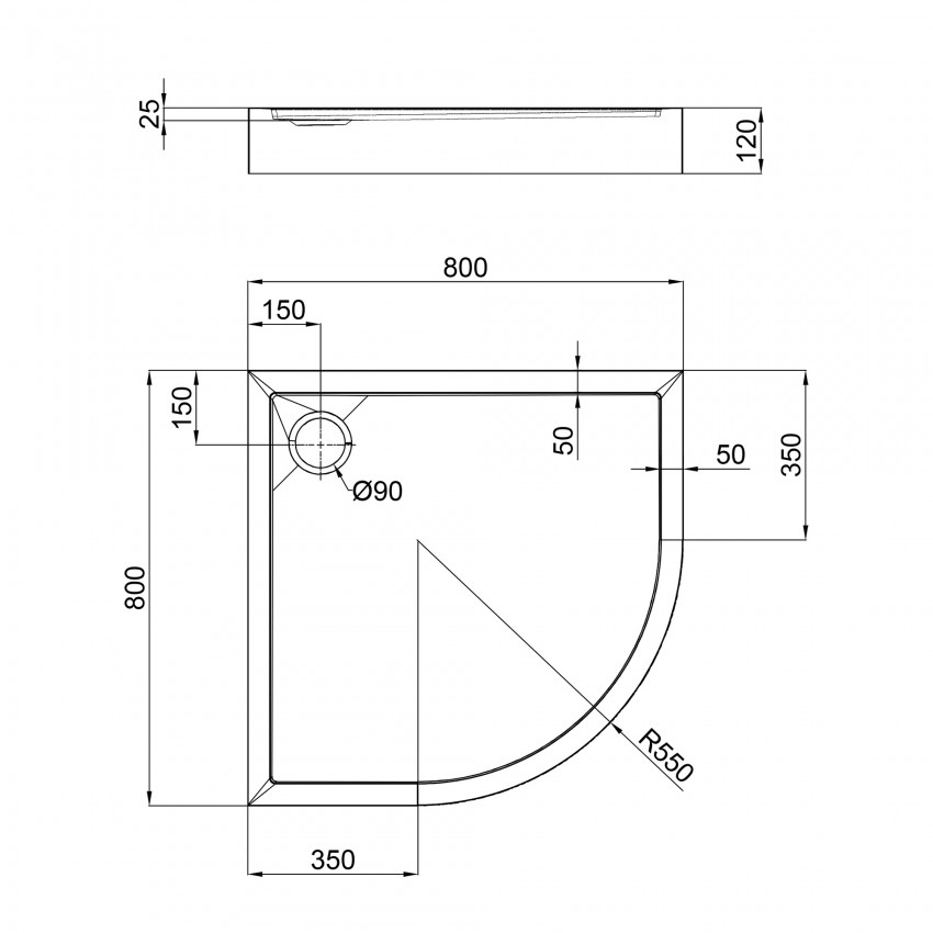 QT Душовий піддон ROBIN 308812C, напівкруглий, 80x80x12, акриловий + ніжки, діаметр зливу 90 мм + сифон з гідрозатвором хром QTAP фото 1