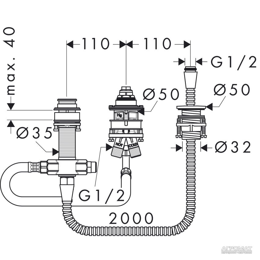 13439180 Внутрішня частина змішувача 3-отв. д/ванни (1 сорт) HANSGROHE