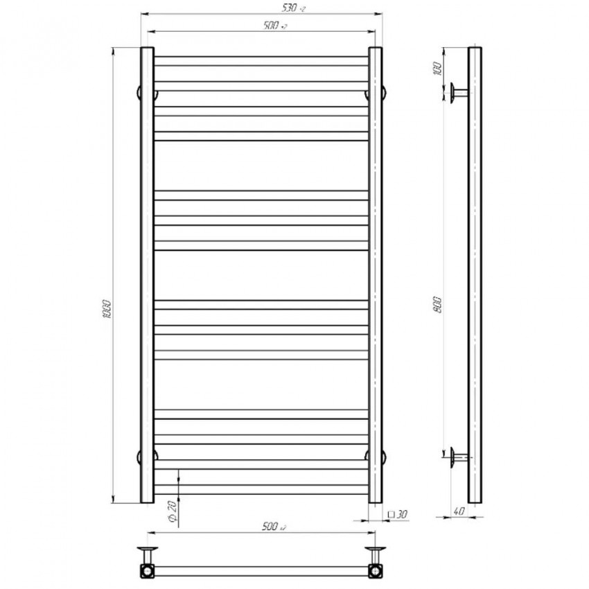 OV5001000EBS OVALE Рушникосушарка електрична П14 500х1000 з нержавійки, колір чорний матовий (1 сорт) DEVIT