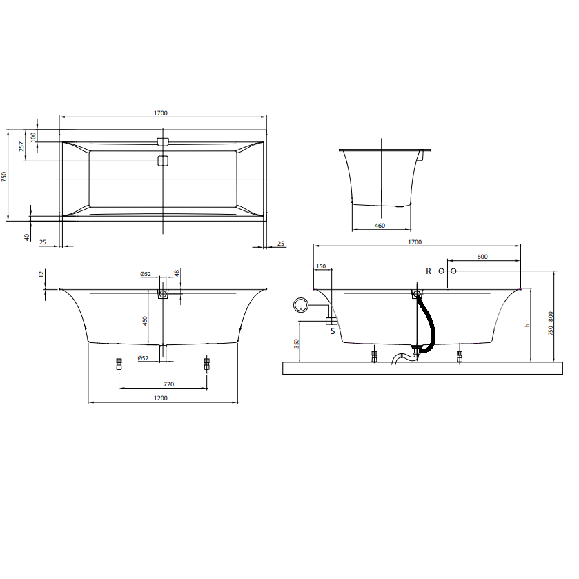 uBQ170SQE2DV-01 SQUARO EDGE 12 Ванна 170х75см, білий (1 сорт) VILLEROY  BOCH