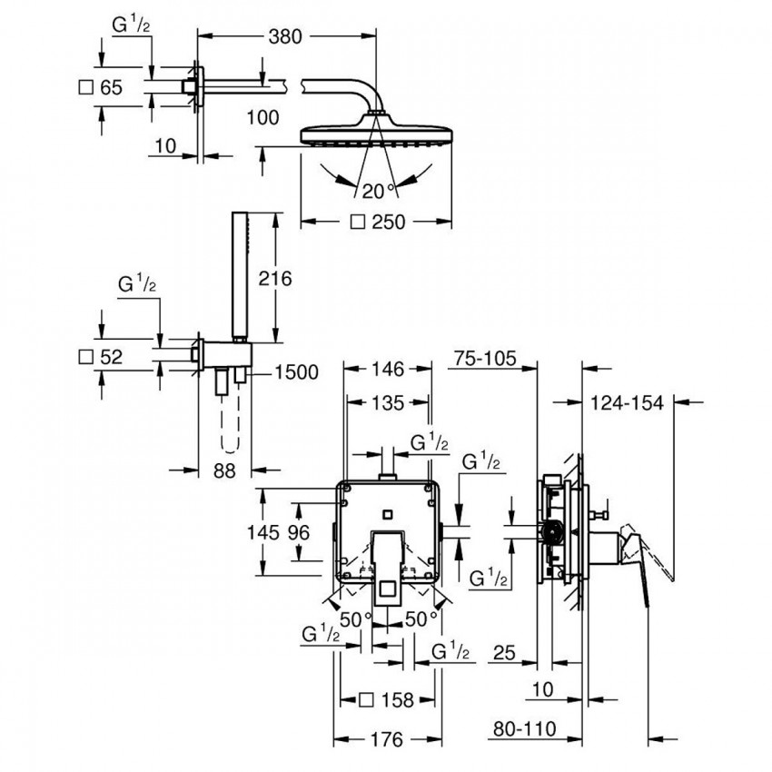 25289000 Eurocube OHM Душова система на 2 виходи, квадратна, 250 (1 сорт) GROHE фото 3