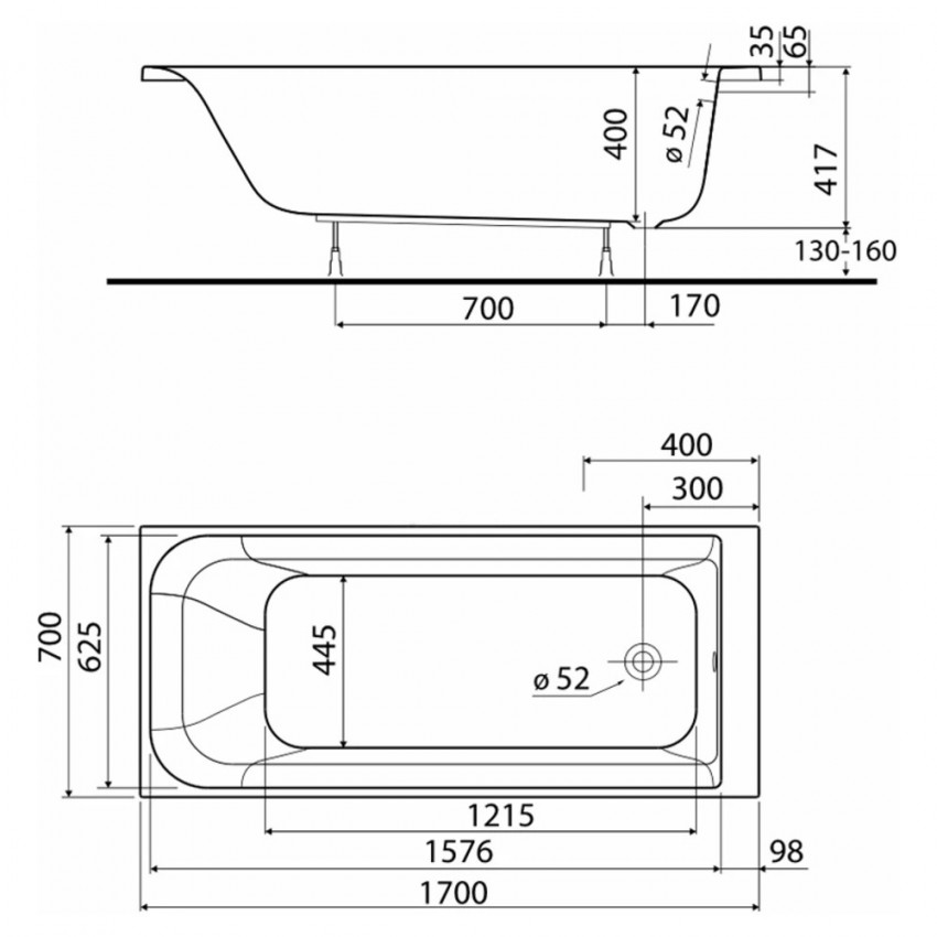 XWP3677000N Ванна акрилова прямокутна Rekord 170x70 см, біла, без ніжок (1 сорт) KOLO фото 4