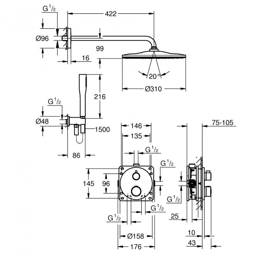 34869000 GRT THM Душова система на 2 виходи, кругла, 310 (1 сорт) GROHE фото 2