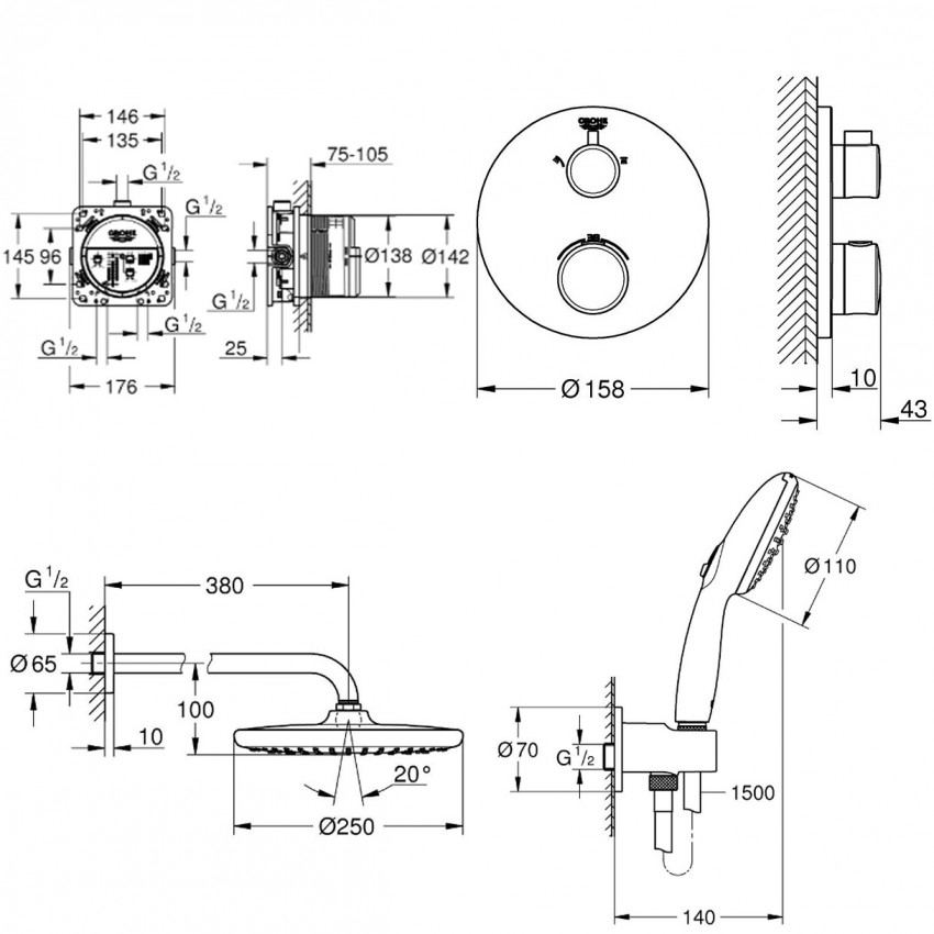 UA26415SC9 Grohtherm Термостатичний набір для комплектації душа, 2 споживачі, чорний матовий (1 сорт) GROHE фото 1