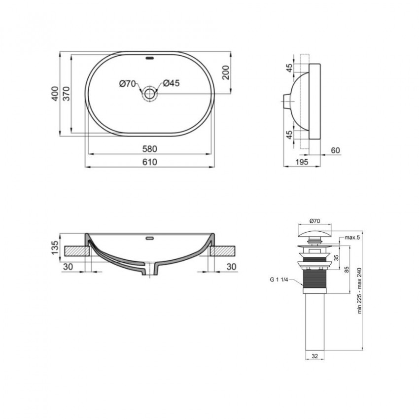 Комплект Qtap Leo: Раковина врізна овальна 590x400x170 мм White + Донний клапан PU02O QTAP фото 1