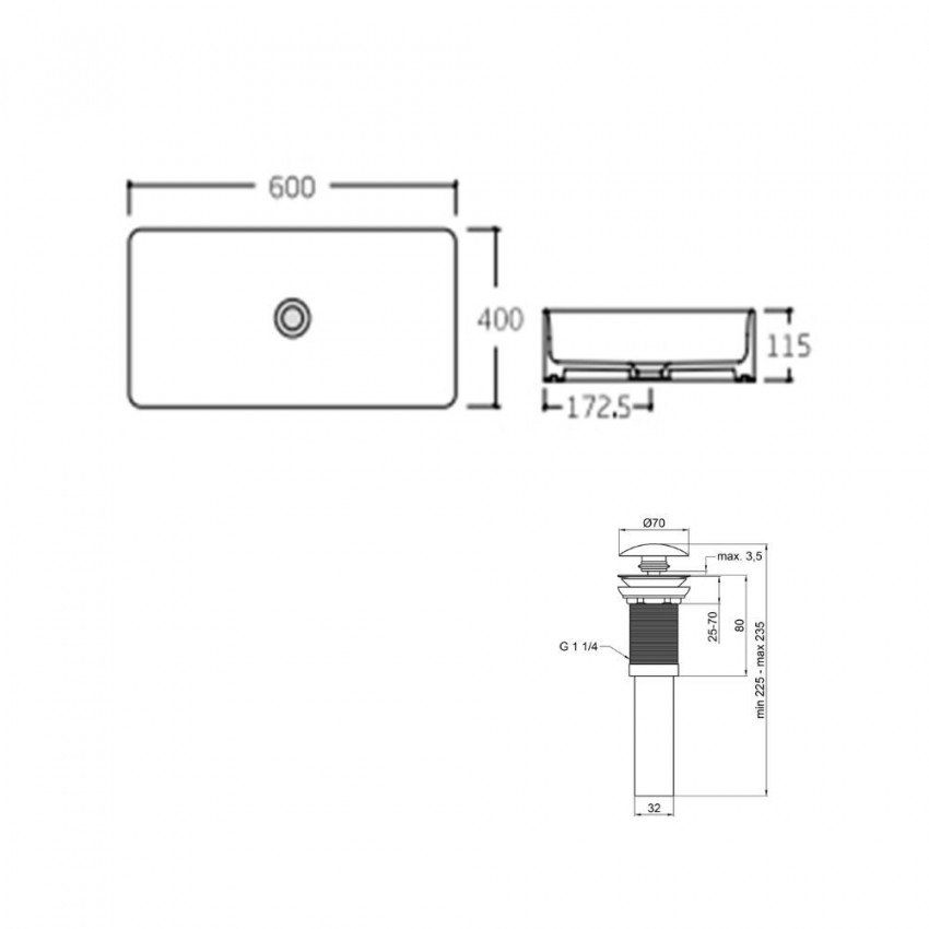 Комплект Qtap Tern: Раковина накладна прамокутна 600x405x110 мм WHITE + Донний клапан PU02 QTAP фото 1