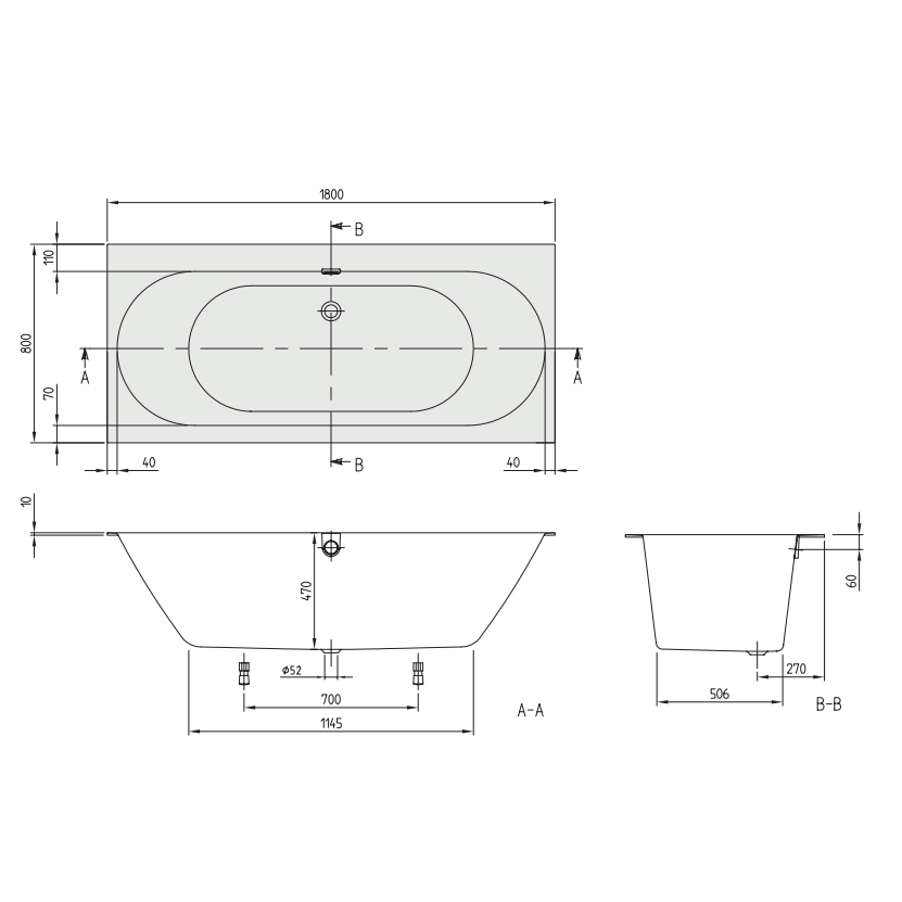 uBQ180OBR2DV-01 OBERON 2.0 Ванна 180х80 (1 сорт) VILLEROY  BOCH