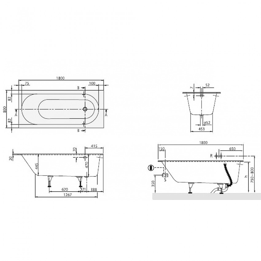 uBQ180OBE2V-01 OBERON ванна 180х80 (1 сорт) VILLEROY  BOCH фото 1