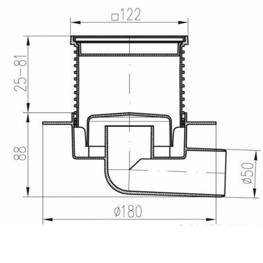 G425XL/G425 N XL Двокорпусний трап з гор. підключенням DN50, h-113-169 mm, решітка Квадрати, з сухим сифоном (1 сорт) MCH фото 1