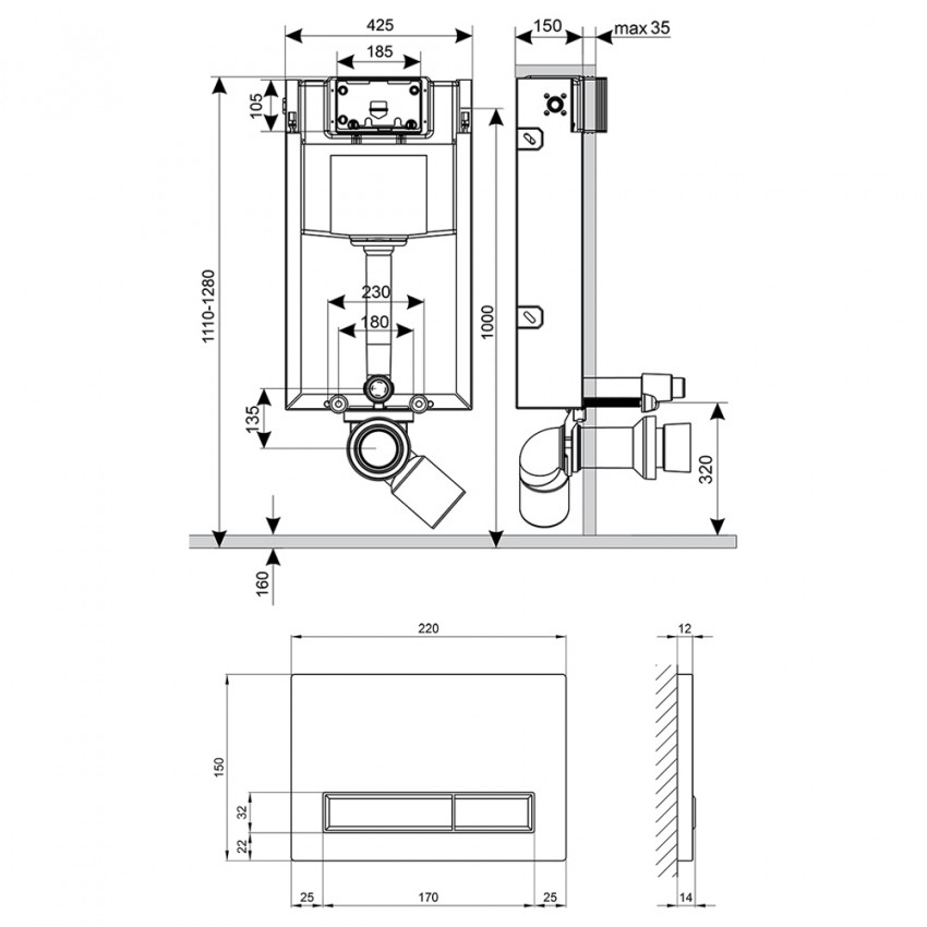 Комплект: Qtap Nest ST Інсталяція для унітазу 4в1( Клавіша лінійна Satin 150x220x13mm) QTAP фото 1