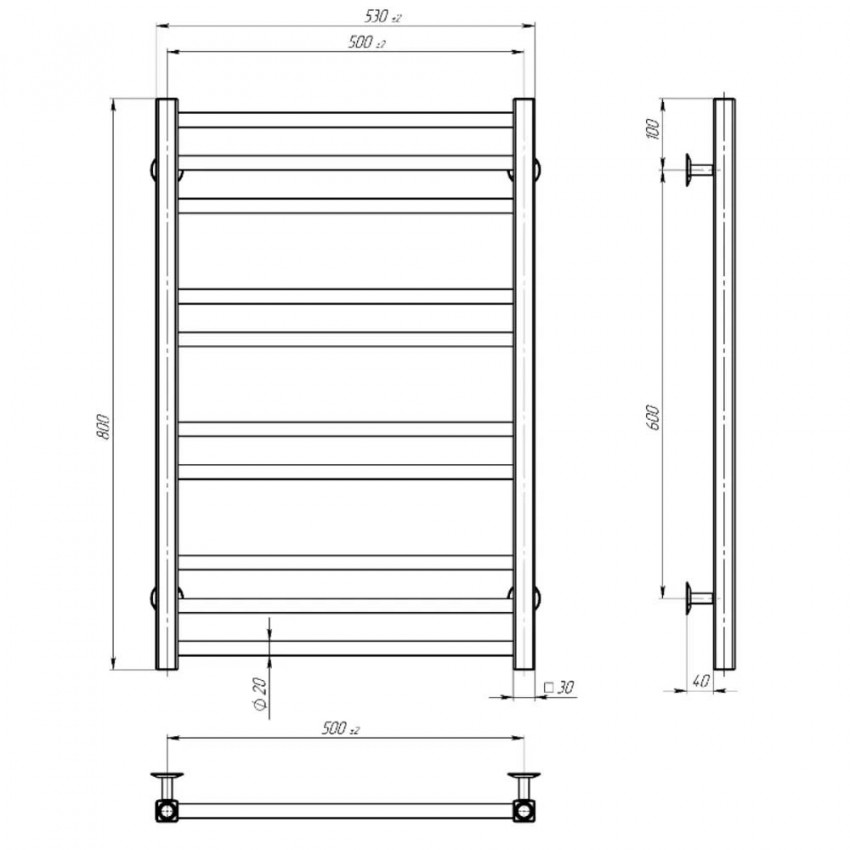 OV500800EBS OVALE Рушникосушарка електрична П10 500х800 з нержавійки, колір чорний матовий (1 сорт) DEVIT