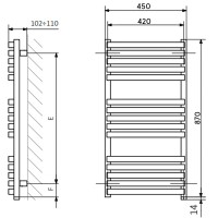 WWQSN087045K9M5E8P Рушникосушка електрична Quadrus Slim One 870-450, колір чорний мат RAL 9005, приховане підключення справа (1 сорт) Terma фото 2