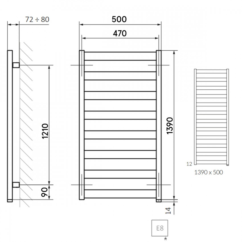 WWVON139050K916E8P Рушникосушка електрична Terma VIVO ONE 1390*500 ,колір RAL 9016  (білий глянець), підключення E8, 600 W, прихований монтаж (1 сорт) Terma фото 3