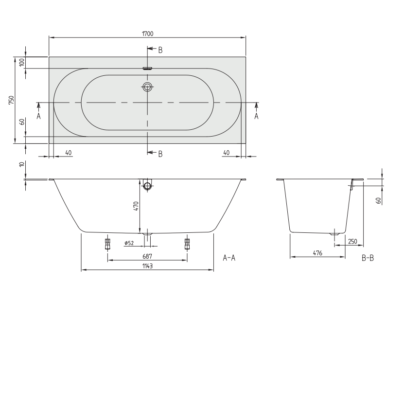 uBQ170OBR2DV-01 OBERON 2.0 Ванна 170х75 (1 сорт) VILLEROY  BOCH