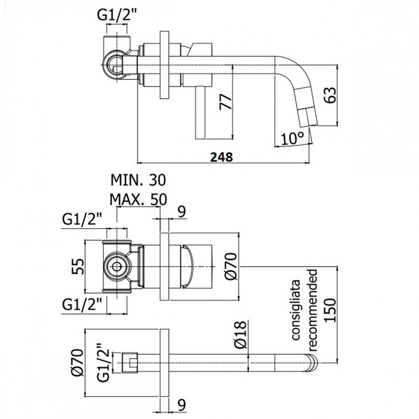 LIG007ST70 Змішувач для раковини зі стіни, вилив 245 мм, steel looking (1 сорт) Paffoni фото 1