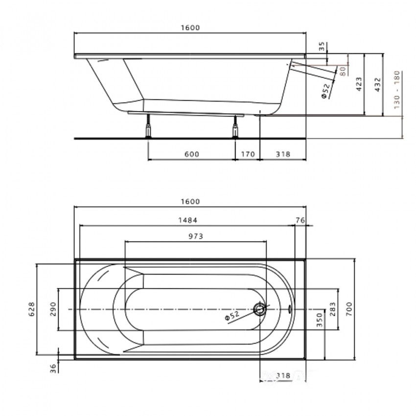 XWP136000N OPAL PLUS Ванна акрилова прямокутна 160х70 см, біла, без ніжок (1 сорт) KOLO фото 2