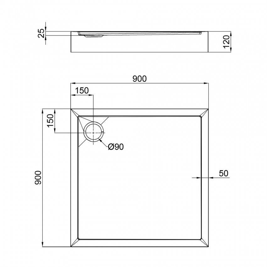 QT Душовий піддон TERN 309912C, квадратний, 90x90x12, акриловий + ніжки, діаметр зливу 90 мм + сифон з гідрозатвором хром QTAP фото 1