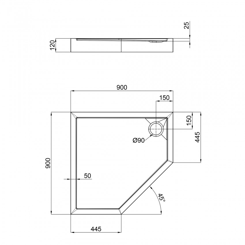 QT Душовий піддон DIAMOND 309912, п'ятикутний, 90x90x12, акриловий + ніжки, діаметр зливу 90 мм QTAP фото 1