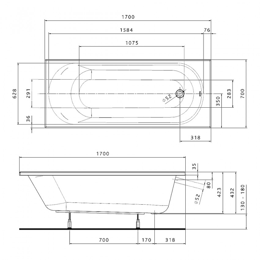 XWP137000N OPAL PLUS Ванна акрилова прямокутна 170х70 см, біла, без ніжок (1 сорт) KOLO фото 3