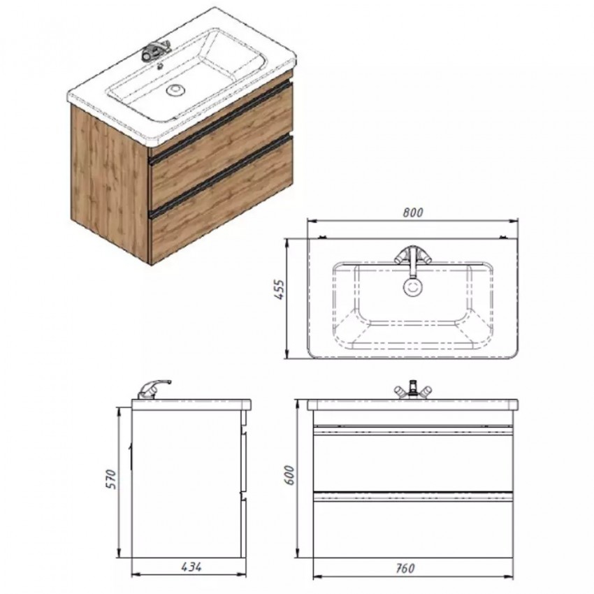 753080O FRAME Тумба натуральний дуб 80см з раковиною та сифоном (1 сорт) DEVIT фото 4