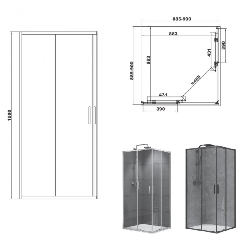 FEN2140B DEVIT PL ART 2.0 Кабіна душова, квадратна, розсувна, колір - чорний матовий, 900*900, без піддона, скло прозоре (1 сорт) DEVIT PL фото 1