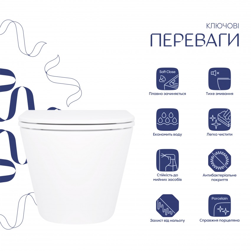 Унітаз підвісний Robin Rimless 490x370x360 мм, White, з сидінням Slim Duroplast/ Soft-close/ Quick Release QT1333046ENRW Qtap QTAP фото 3