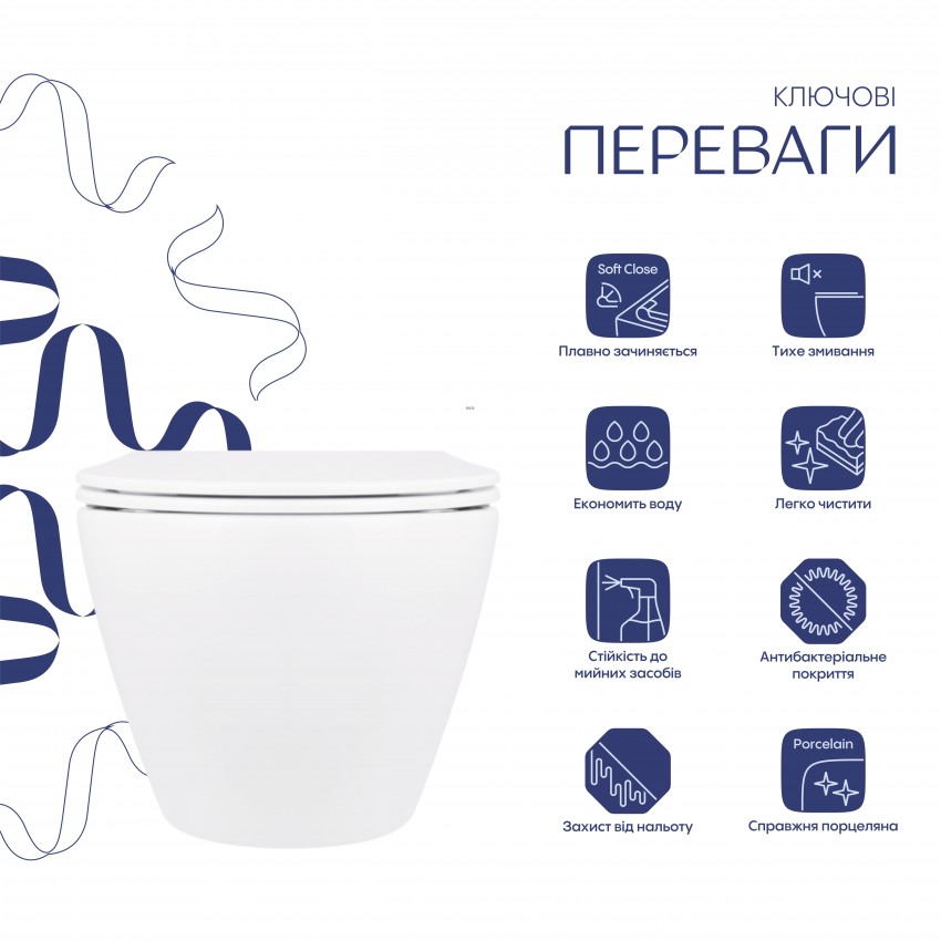 Унітаз підвісний Jay Rimless 520х360х320 мм, White, з сидінням Slim Duroplast/ Soft-close/ Quick Release QT07335176W Qtap QTAP фото 2