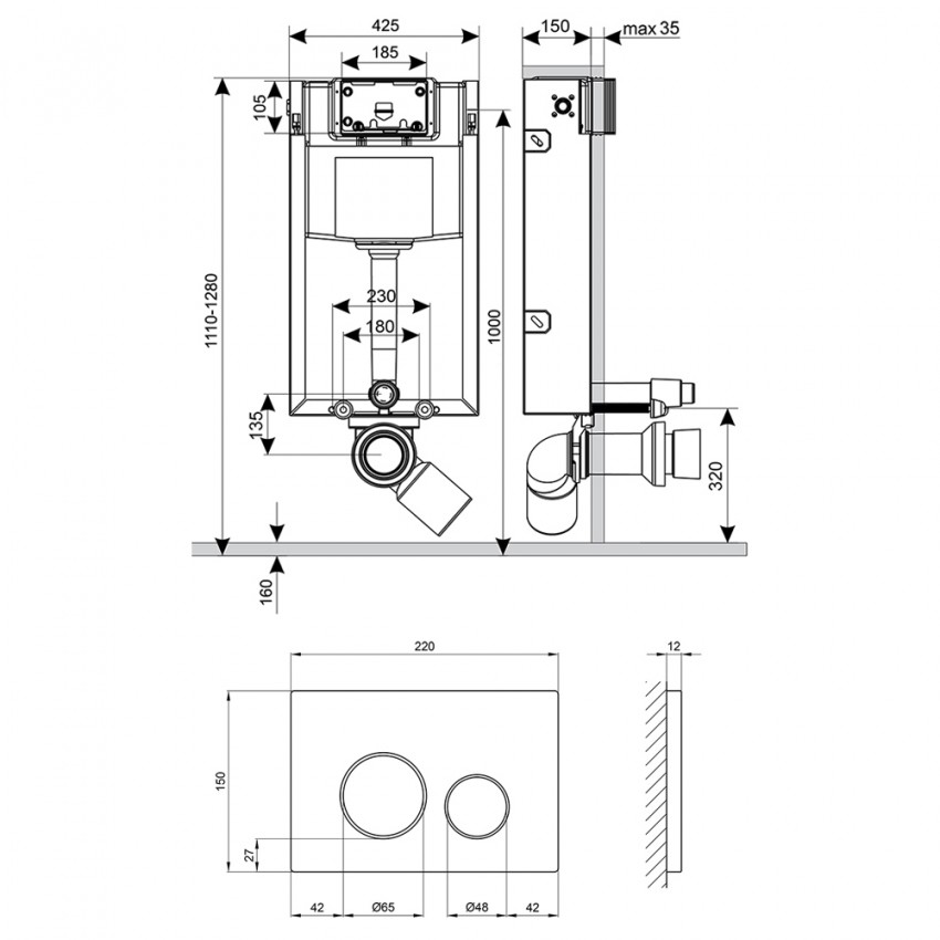Комплект: Qtap Nest ST Інсталяція для унітазу 4 в 1 (Клавіша змиву 150x220x13 мм, Matt Black, кругла) QTAP фото 1