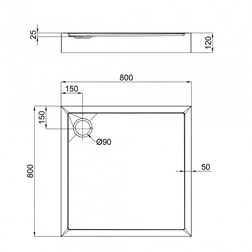 Душовий піддон Tern 308812C, 80x80x12 см, квадратний, акриловий + ніжки, діаметр зливу 90 мм + сифон з гідрозатвором хром Qtap QTAP фото 1