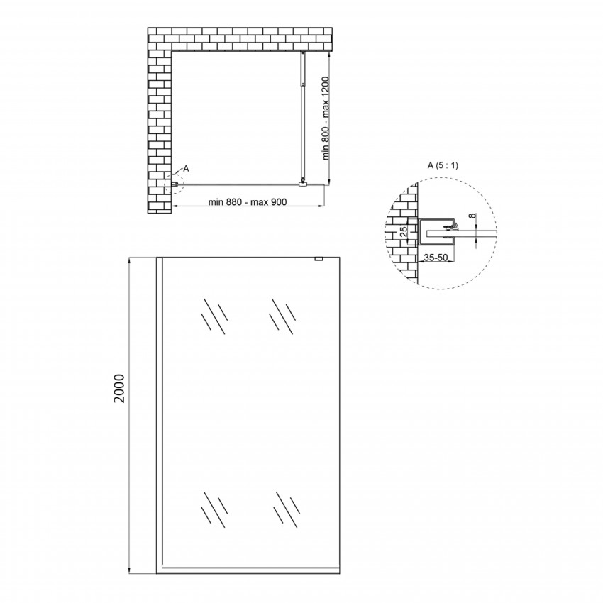 Стіна Walk-In Standard CRM209.C8, 90x200 см, скло 8 мм Clear, CalcLess, нерухома Qtap QTAP фото 1