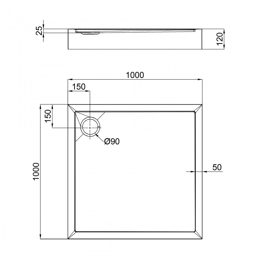 QT Душовий піддон Tern 301112, 100x100x12 см, квадратний, акриловий + ніжки, діаметр зливу 90 мм QTAP фото 1