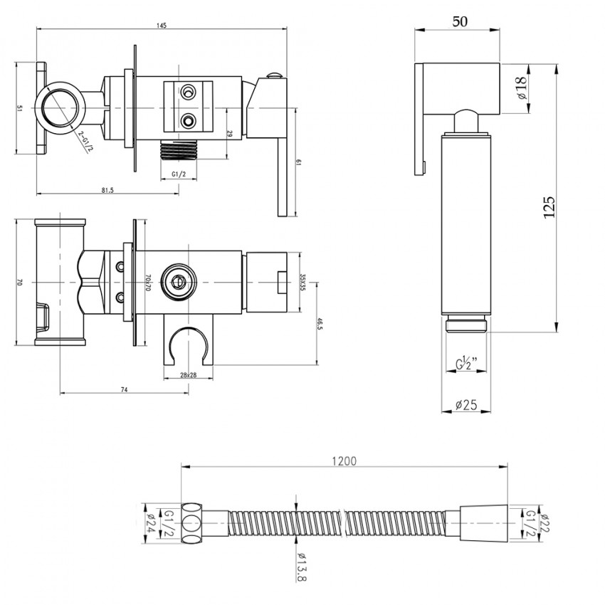 Набір для гігієнічного душу Inspai-Varius, Matt Black (k35) прямокутний QT259710842859NB Qtap QTAP фото 1