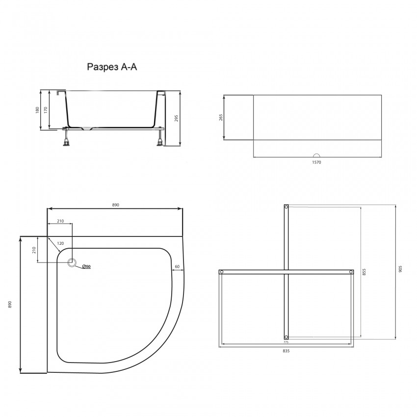 Душовий піддон Kapielka ST90x90x26, середній, напівкруглий, з панеллю, діаметр зливу 52 мм Lidz LIDZ фото 1